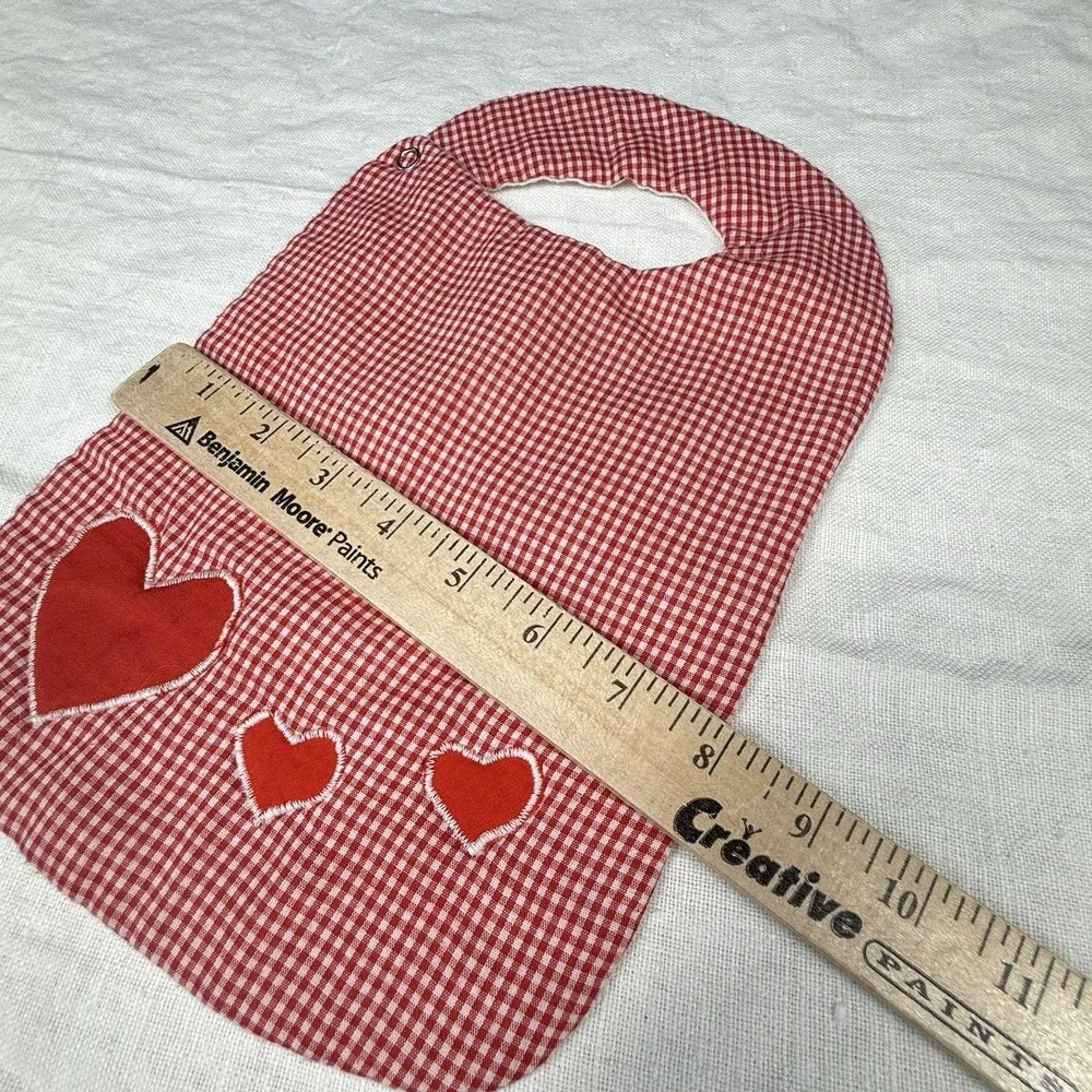 Vintage Handmade Red Gingham Baby Bib Lot Hearts Eyelet Lace Snap Tie Primitive